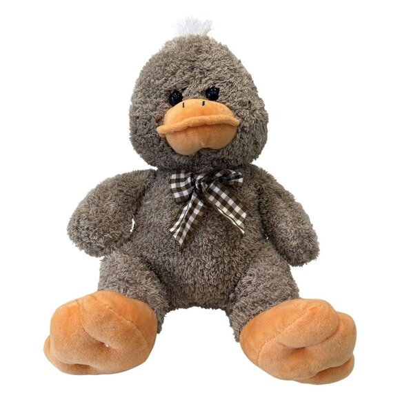 Kellytoy Plush Duck Stuffed Animal 12" Brown Orange Gingham Bow Soft Cuddly 3+ - Picture 1 of 8